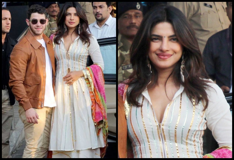 Bollywood celebrities Priyanka Chopra wearing white indo western kurti dress